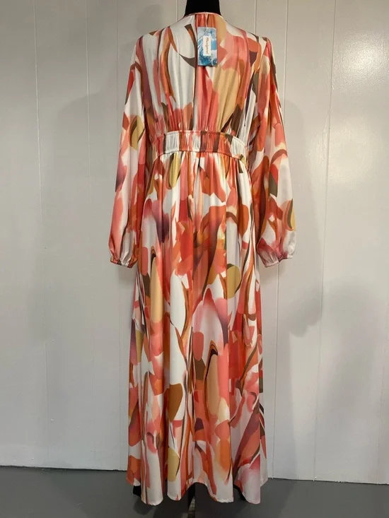 Romantic Flowing Maxi Dress V Neck Empire Waist | Boho Sunset Coral Pink Large - Picture 9 of 13